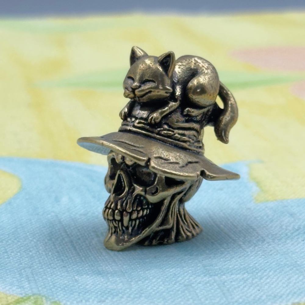 BG11 Brass tone Skull Figurine Cat on Hat Miniature Gothic Decor Antique Style